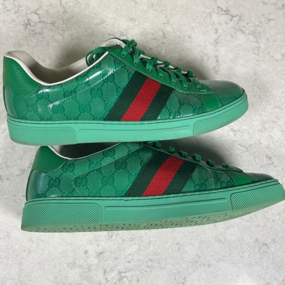 Gucci ACE GG Green Crystal coated canvas trainers. - Picture 12 of 15